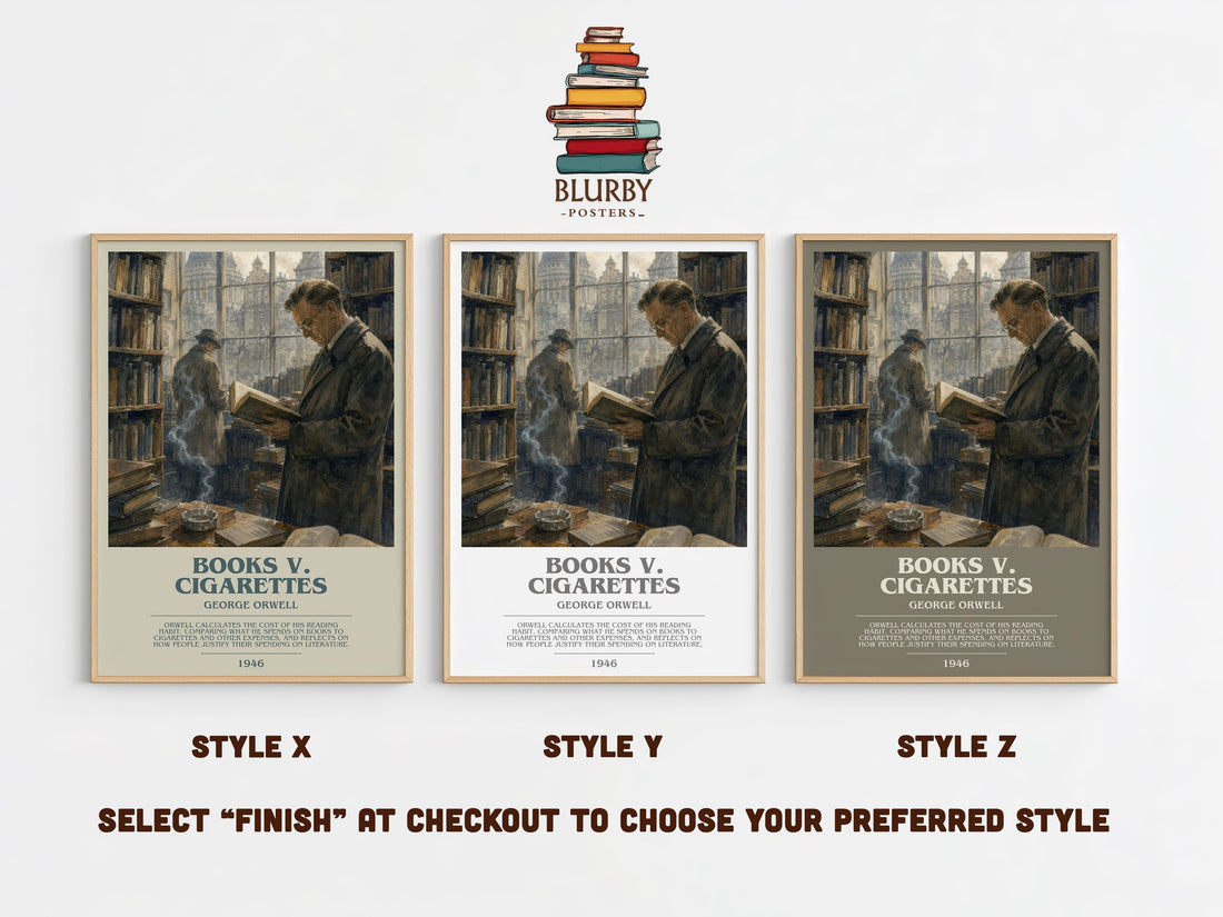 Books V. Cigarettes bookish print in frame leaning in hallway – non fiction wall art (mockup)