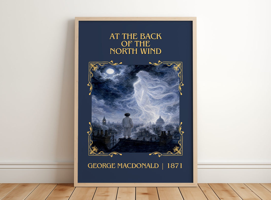 At The Back Of The North Wind Classic Book Art Print by G. Macdonald – framed print leaning on a wooden floor