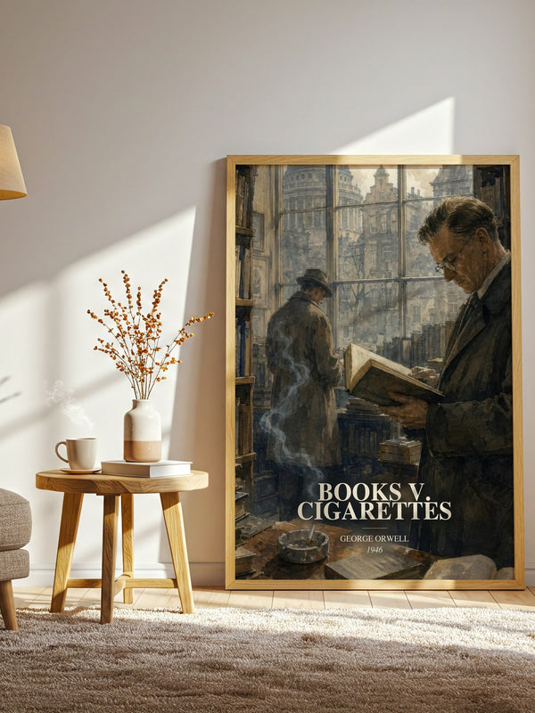 Books V. Cigarettes watercolour print in frame leaning in hallway – non fiction wall art