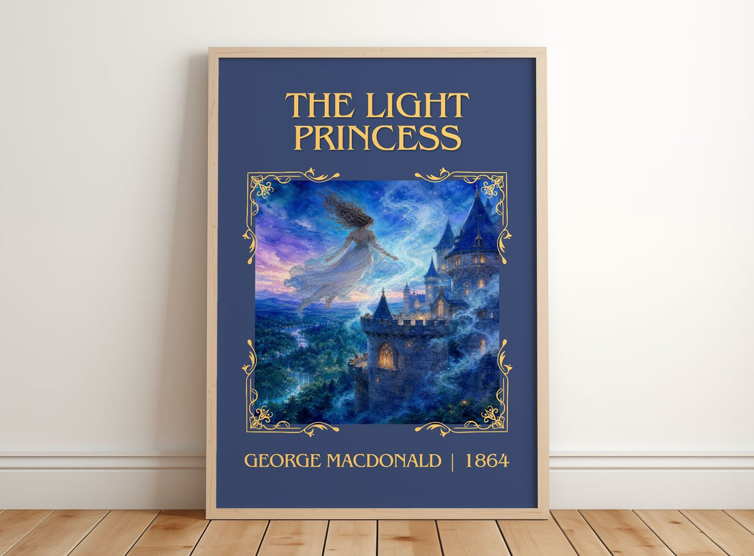 The Light Princess Classic Book Art Print by George Macdonald – framed print leaning on a wooden floor