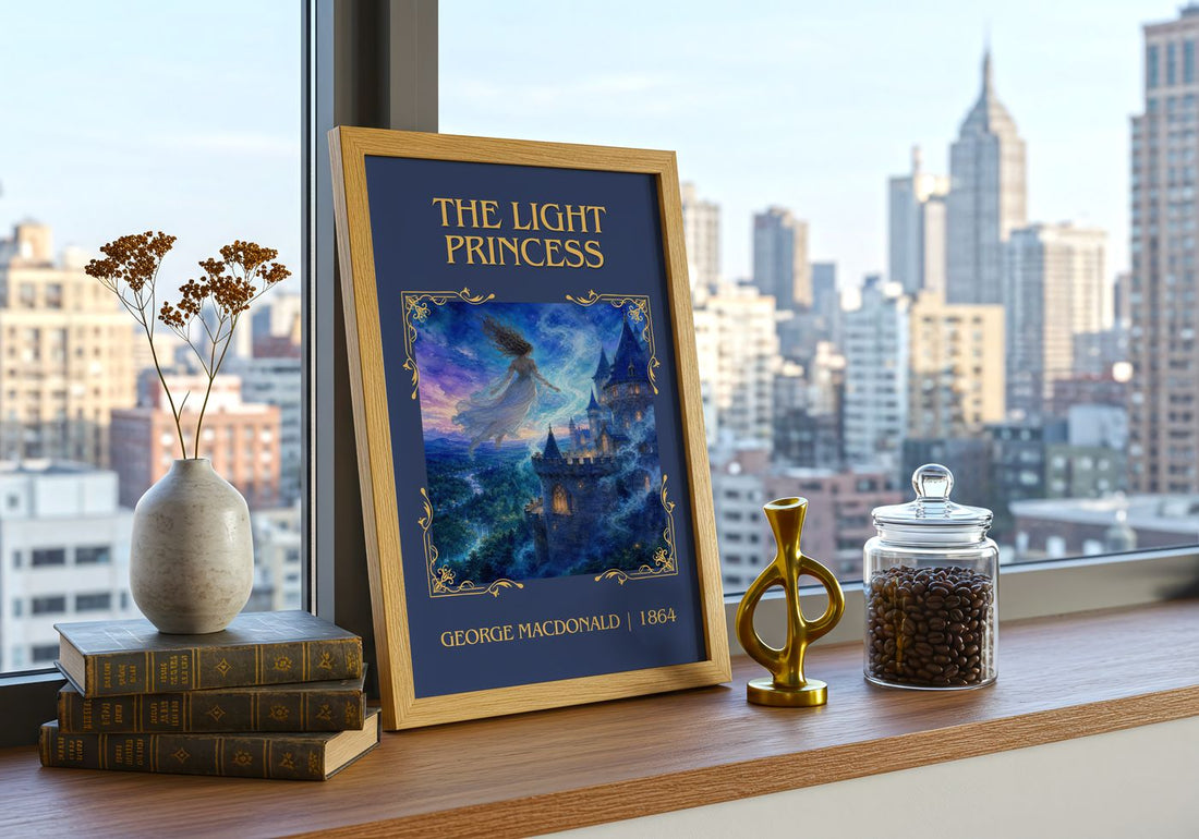 The Light Princess Classic Book Art Print by George Macdonald – framed print on a city-view windowsill
