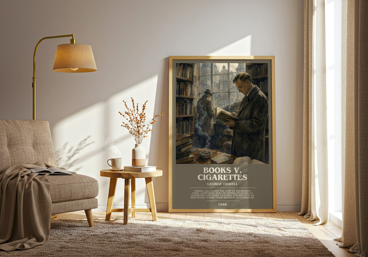 Books V. Cigarettes bookish print on bookshelf – George Orwell fan gift