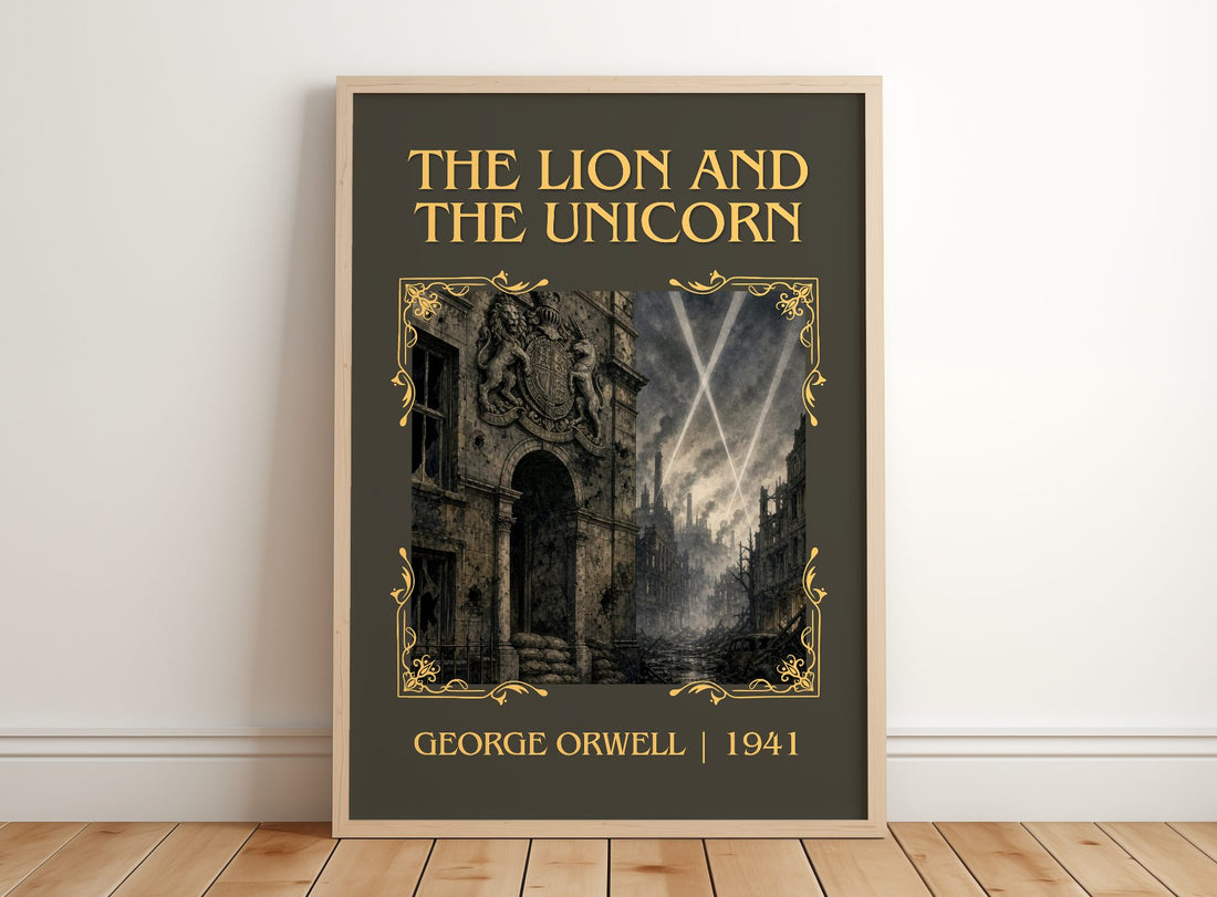 The Lion And The Unicorn Classic Book Art Print by George Orwell – framed print leaning on a wooden floor