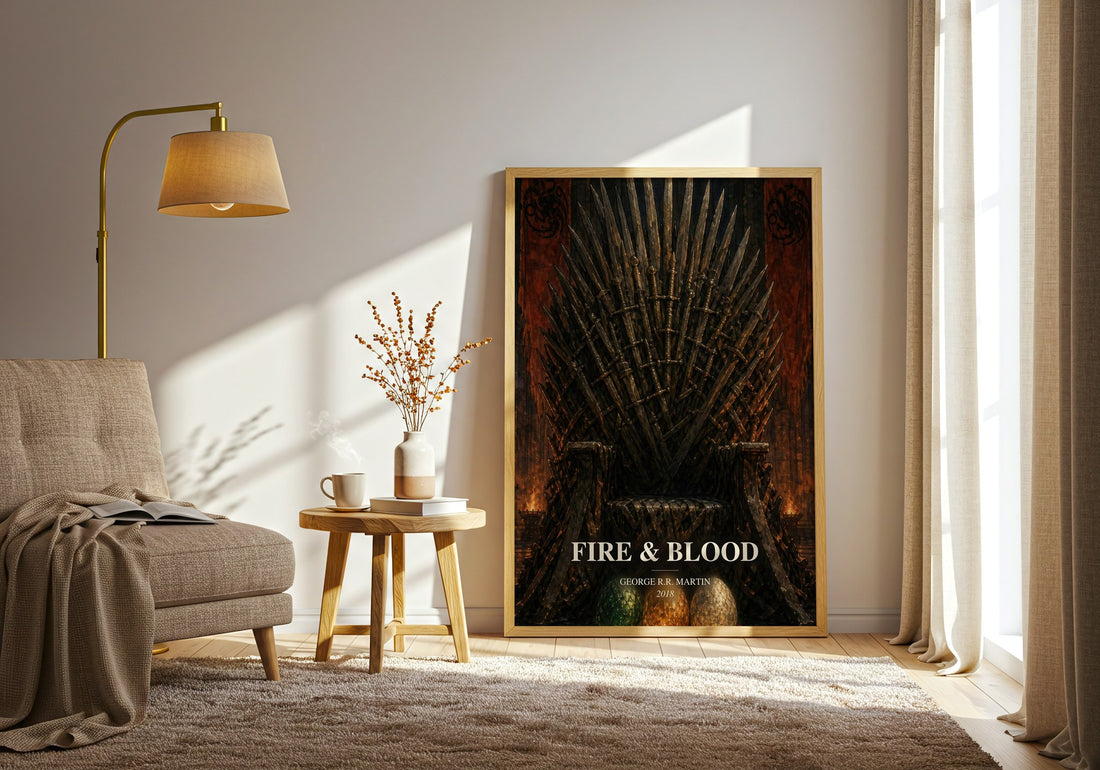 Fire & Blood watercolour print in frame leaning in hallway – fantasy wall art (mockup)