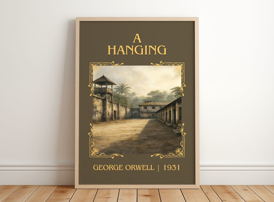 A Hanging Classic Book Art Print by George Orwell – framed print leaning on a wooden floor
