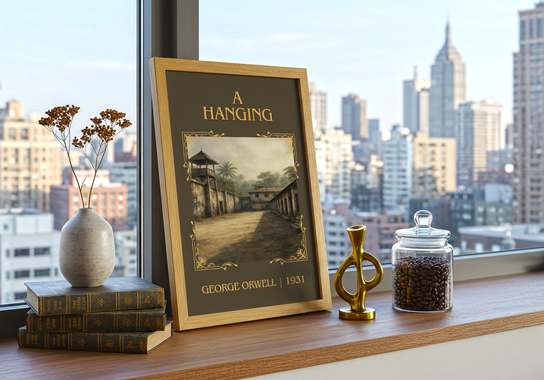 A Hanging Classic Book Art Print by George Orwell – framed print on a city-view windowsill