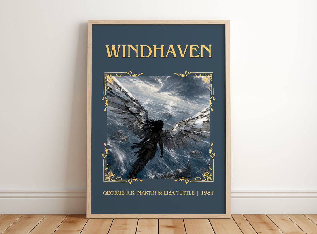 Windhaven Classic Book Art Print by George R.R. Martin & Lisa Tuttle – framed print leaning on a wooden floor