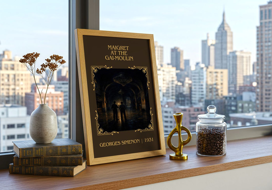 Maigret At The Gai-Moulin Classic Book Art Print by Georges Simenon – framed print on a city-view windowsill