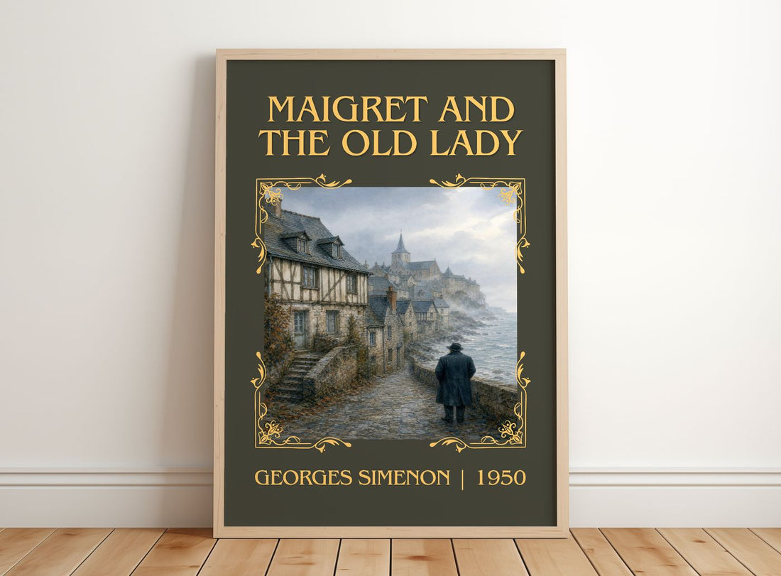Maigret And The Old Lady Classic Book Art Print by Georges Simenon – framed print leaning on a wooden floor