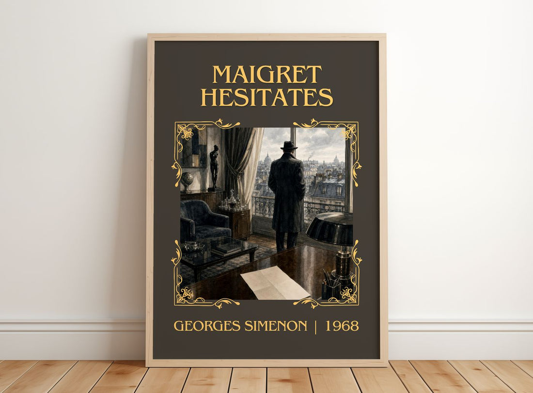 Maigret Hesitates Classic Book Art Print by Georges Simenon – framed print leaning on a wooden floor