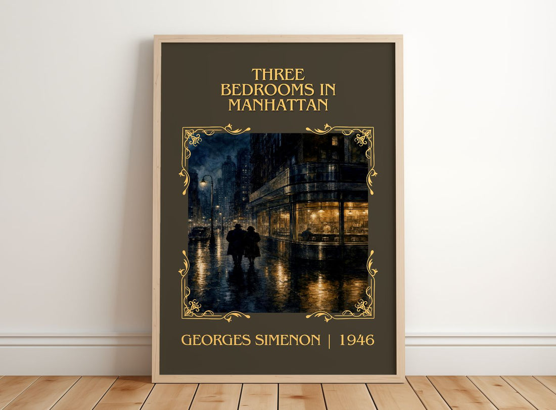 Three Bedrooms In Manhattan Classic Book Art Print by Georges Simenon – framed print leaning on a wooden floor