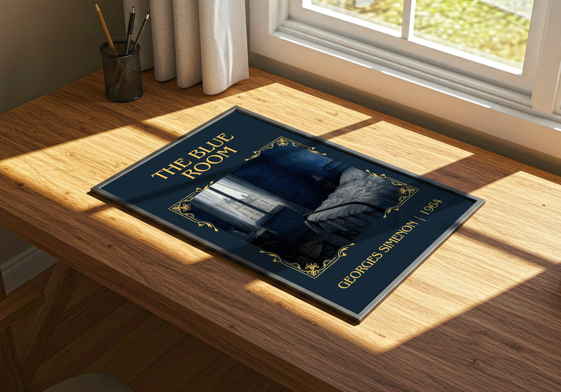 The Blue Room Classic Book Art Print by Georges Simenon – print on a sunlit desk