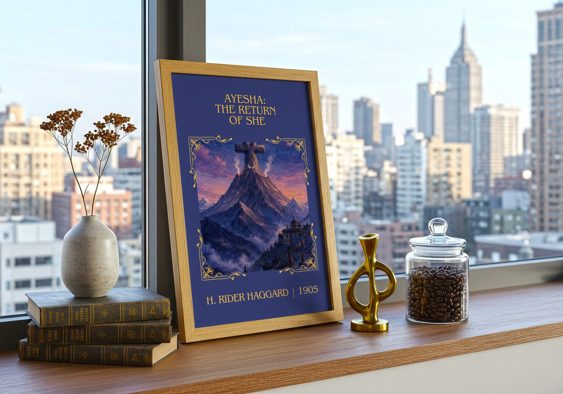 Ayesha: The Return Of She Classic Book Art Print by H. Rider Haggard – framed print on a city-view windowsill