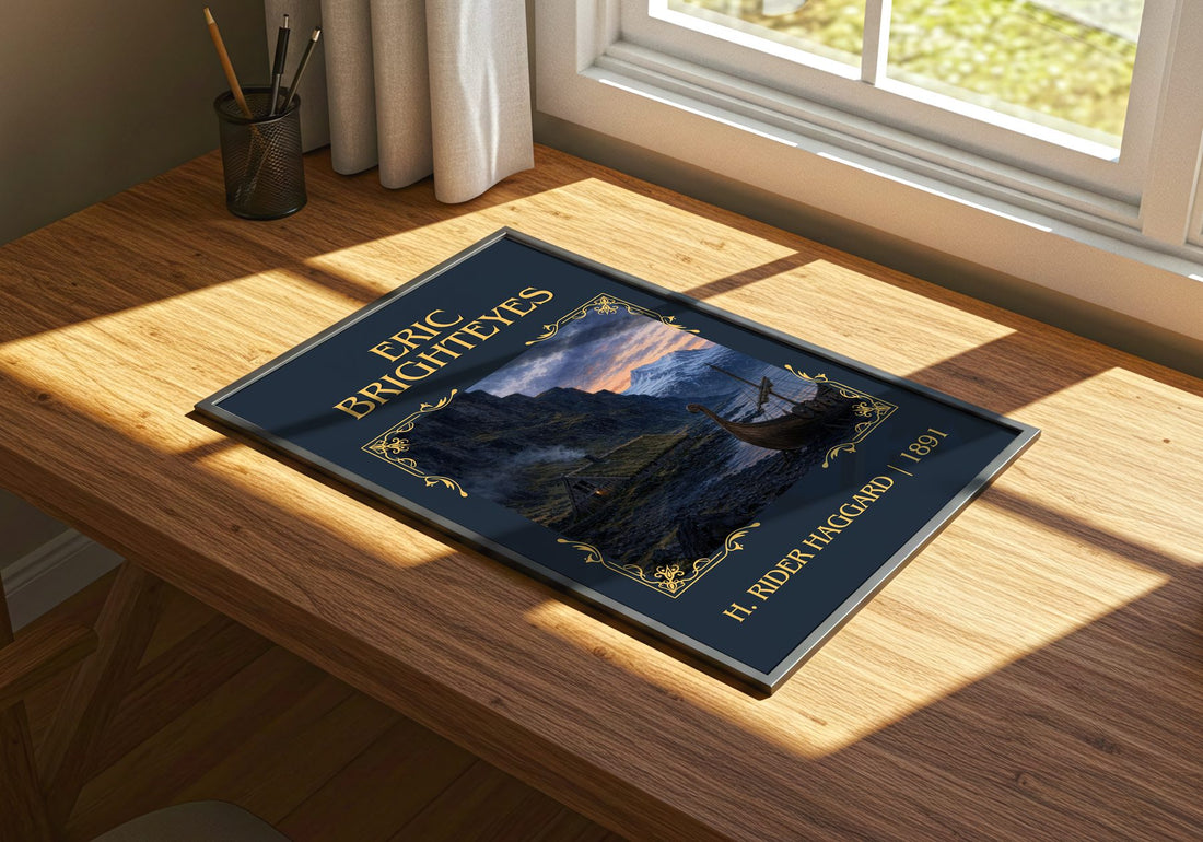 Eric Brighteyes Classic Book Art Print by H. Rider Haggard – print on a sunlit desk