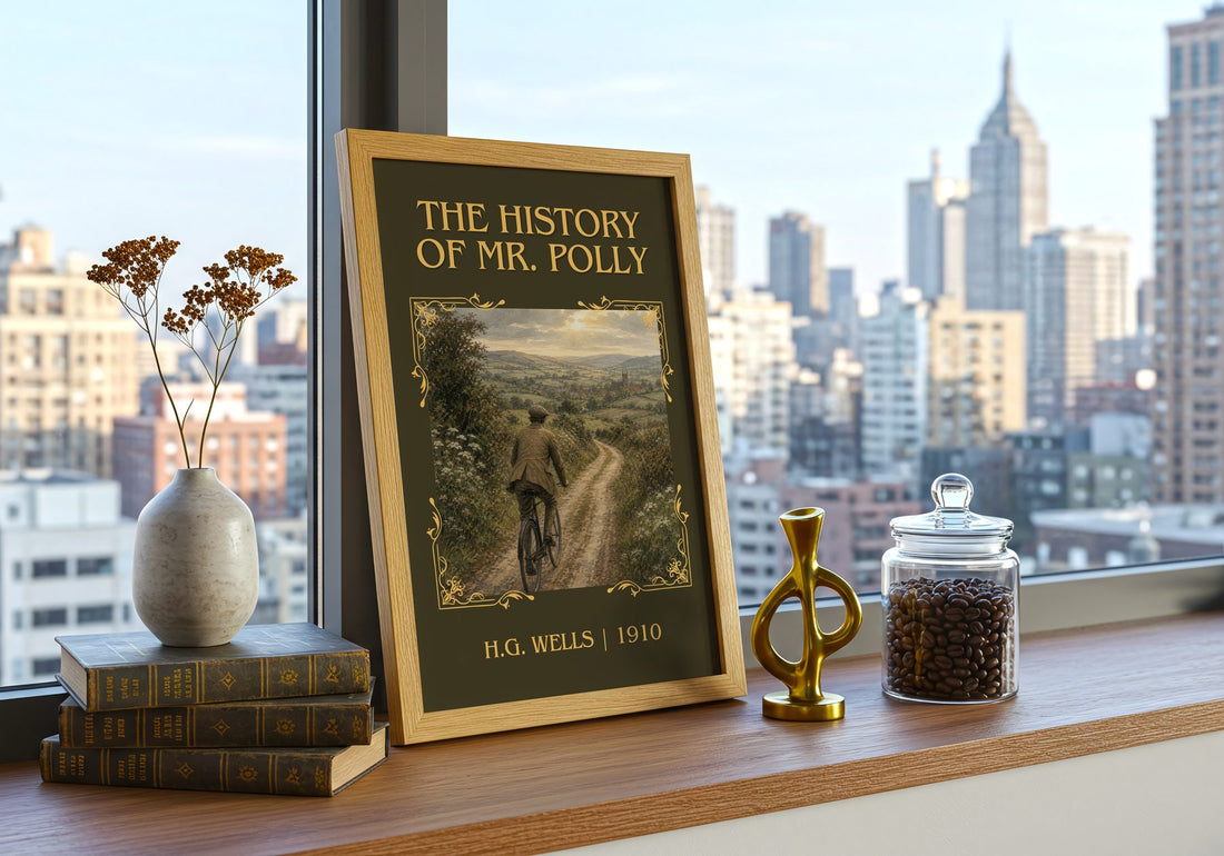 The History Of Mr. Polly Classic Book Art Print by H.G. Wells – framed print on a city-view windowsill