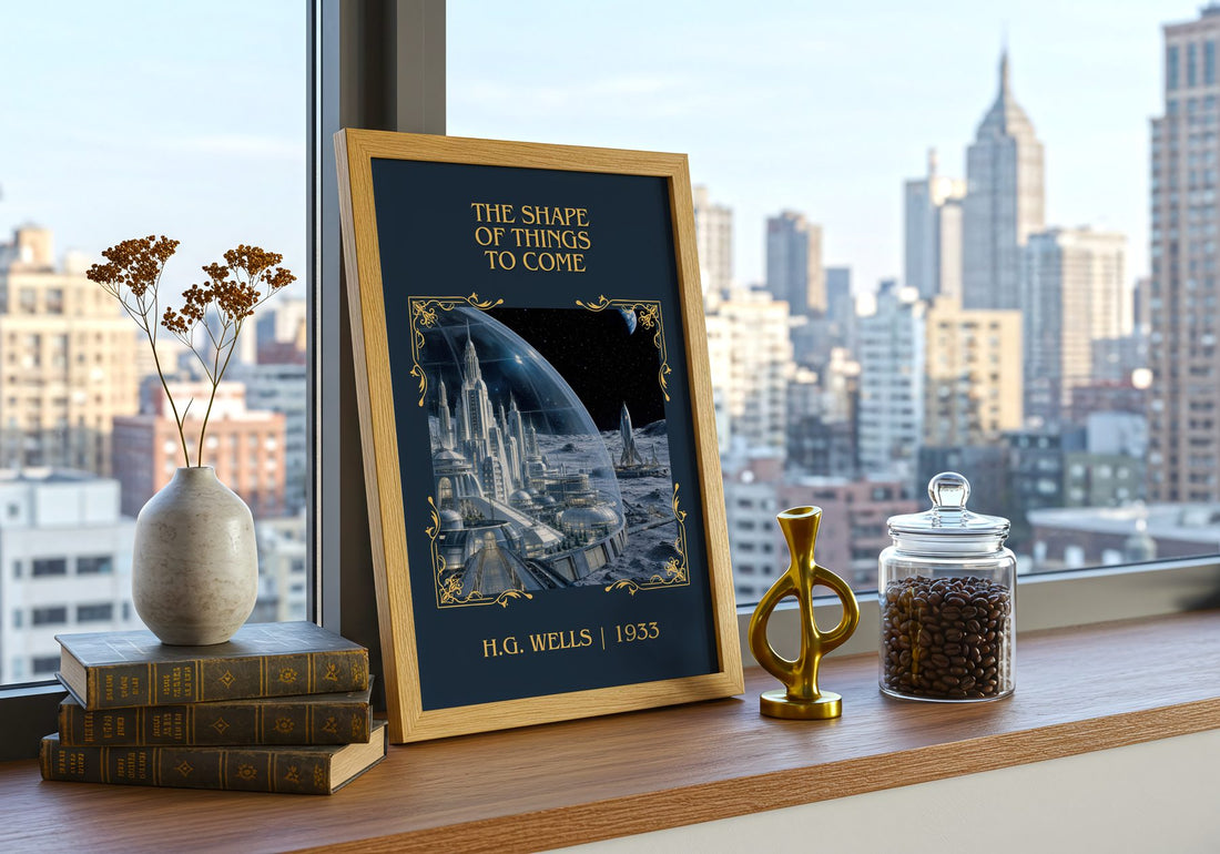 The Shape Of Things To Come Classic Book Art Print by H.G. Wells – framed print on a city-view windowsill
