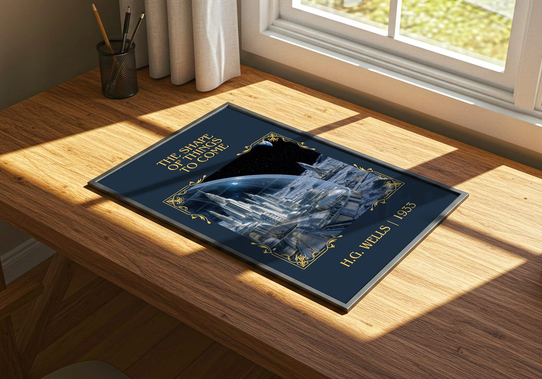 The Shape Of Things To Come Classic Book Art Print by H.G. Wells – print on a sunlit desk