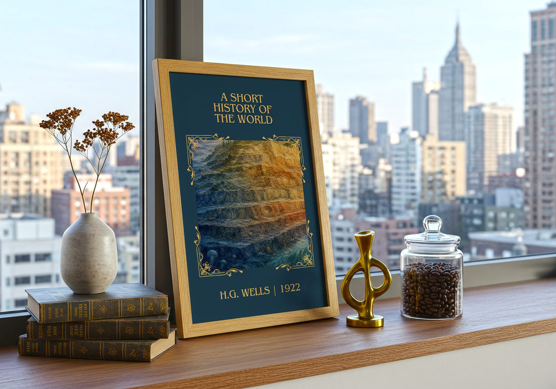 A Short History Of The World Classic Book Art Print by H.G. Wells – framed print on a city-view windowsill