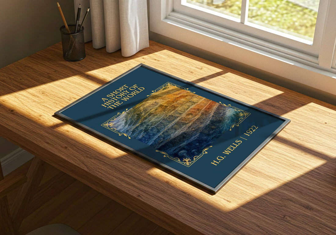 A Short History Of The World Classic Book Art Print by H.G. Wells – print on a sunlit desk