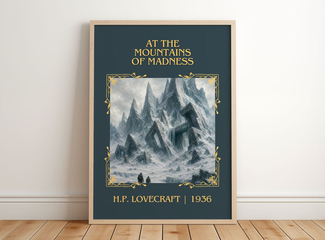At The Mountains Of Madness Classic Book Art Print by H.P. Lovecraft – framed print leaning on a wooden floor