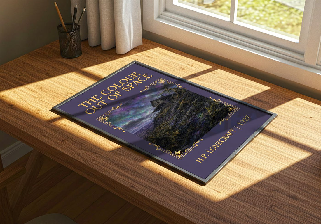 The Colour Out Of Space Classic Book Art Print by H.P. Lovecraft – print on a sunlit desk