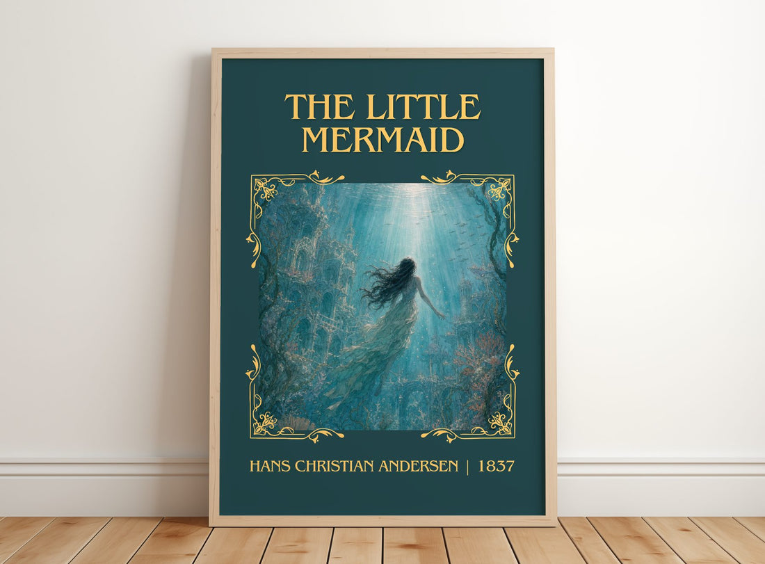 The Little Mermaid Classic Book Art Print by Hans Christian Andersen – framed print leaning on a wooden floor