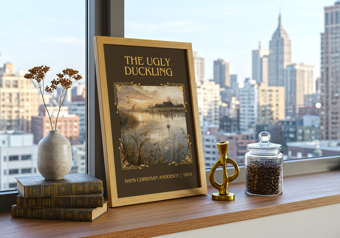 The Ugly Duckling Classic Book Art Print by Hans Christian Andersen – framed print on a city-view windowsill