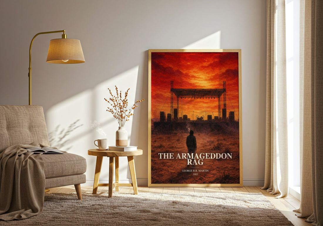 The Armageddon Rag watercolour print in frame leaning in hallway – sci fi wall art (mockup)