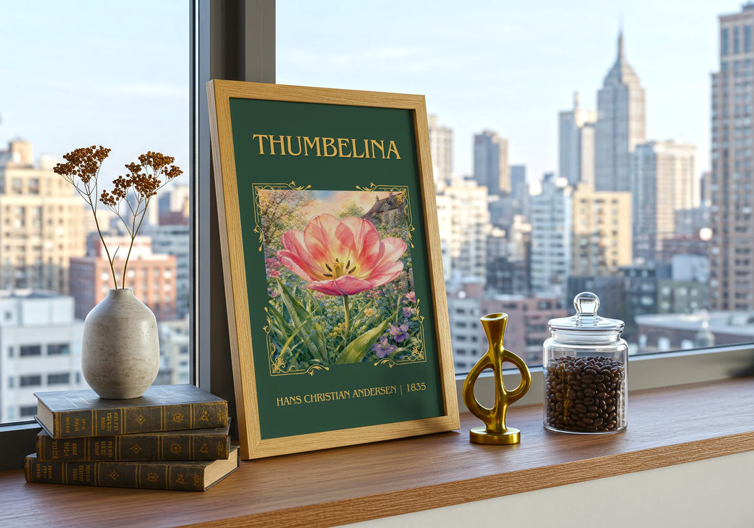 Thumbelina Classic Book Art Print by Hans Christian Andersen – framed print on a city-view windowsill