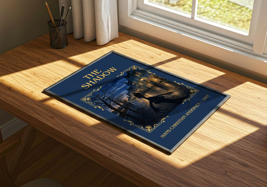 The Shadow Classic Book Art Print by Hans Christian Andersen – print on a sunlit desk