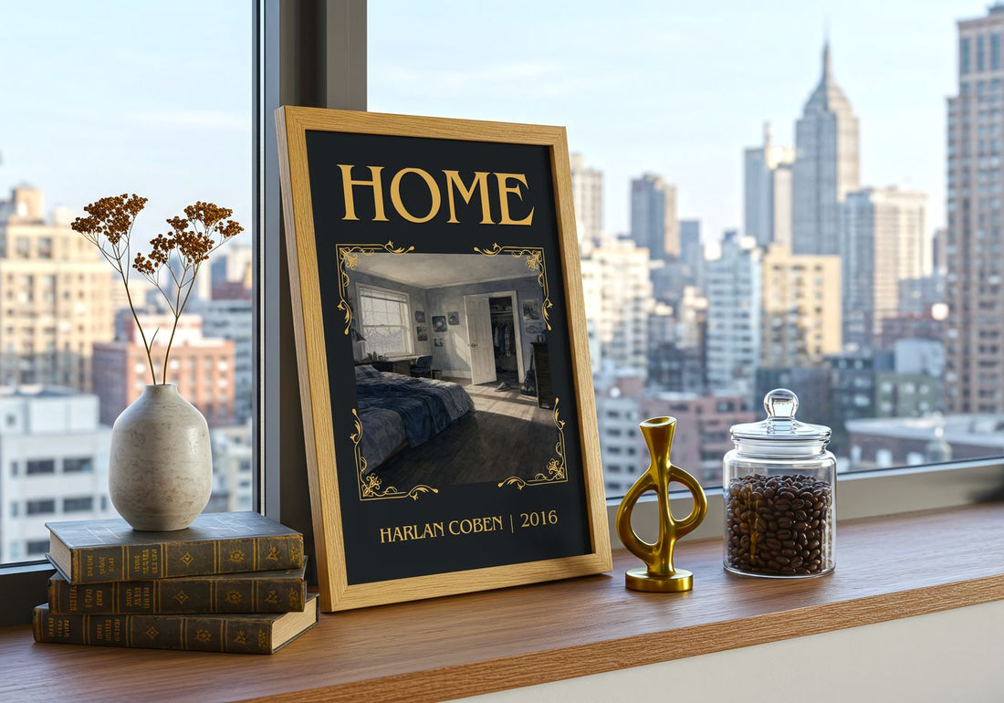 Home Classic Book Art Print by Harlan Coben – framed print on a city-view windowsill