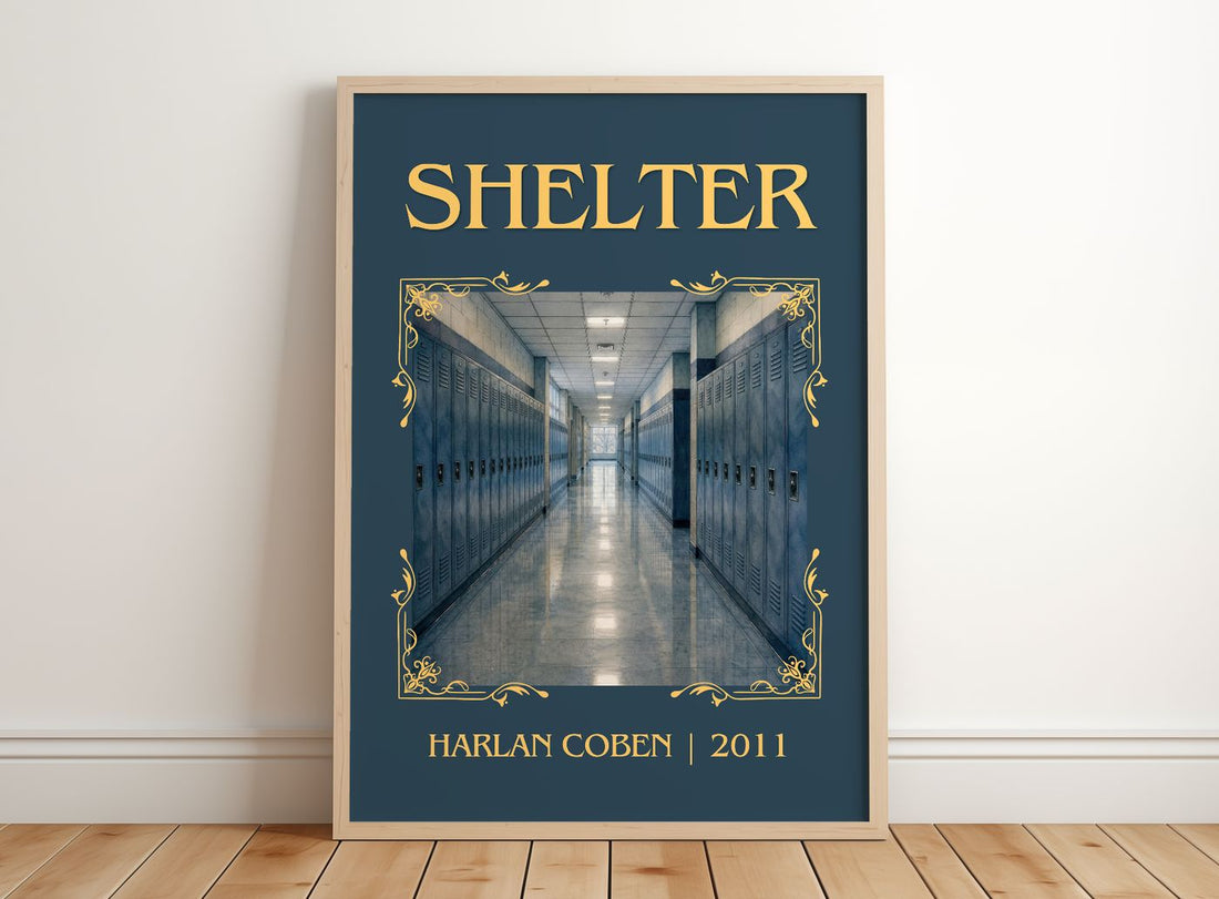 Shelter Classic Book Art Print by Harlan Coben – framed print leaning on a wooden floor