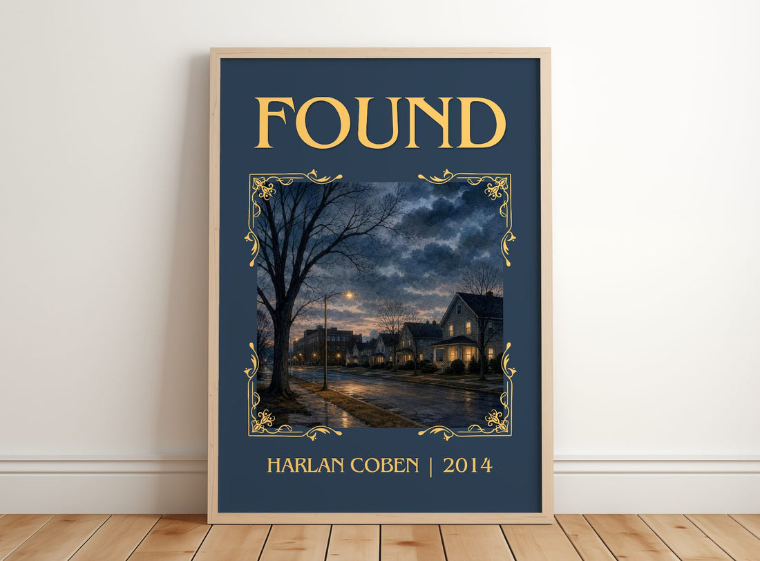 Found Classic Book Art Print by Harlan Coben – framed print leaning on a wooden floor