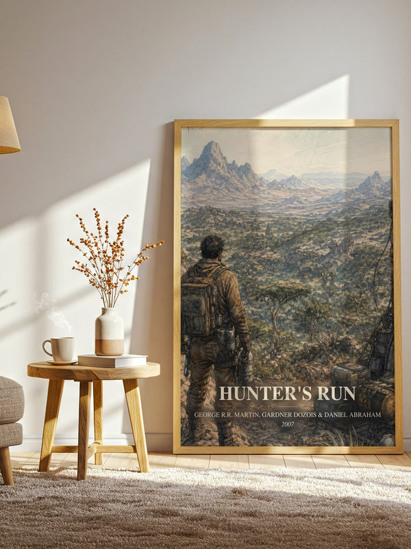 Hunter'S Run watercolour print in frame leaning in hallway – sci fi wall art