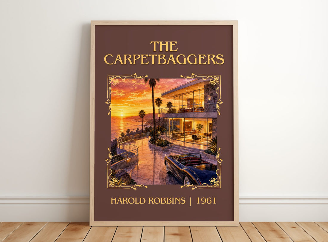 The Carpetbaggers Classic Book Art Print by Harold Robbins – framed print leaning on a wooden floor