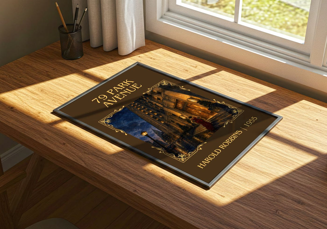 79 Park Avenue Classic Book Art Print by Harold Robbins – print on a sunlit desk