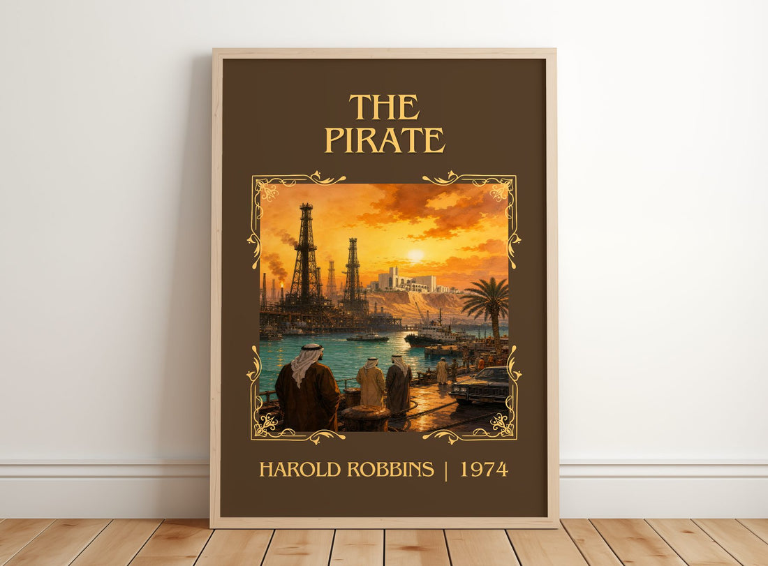 The Pirate Classic Book Art Print by Harold Robbins – framed print leaning on a wooden floor