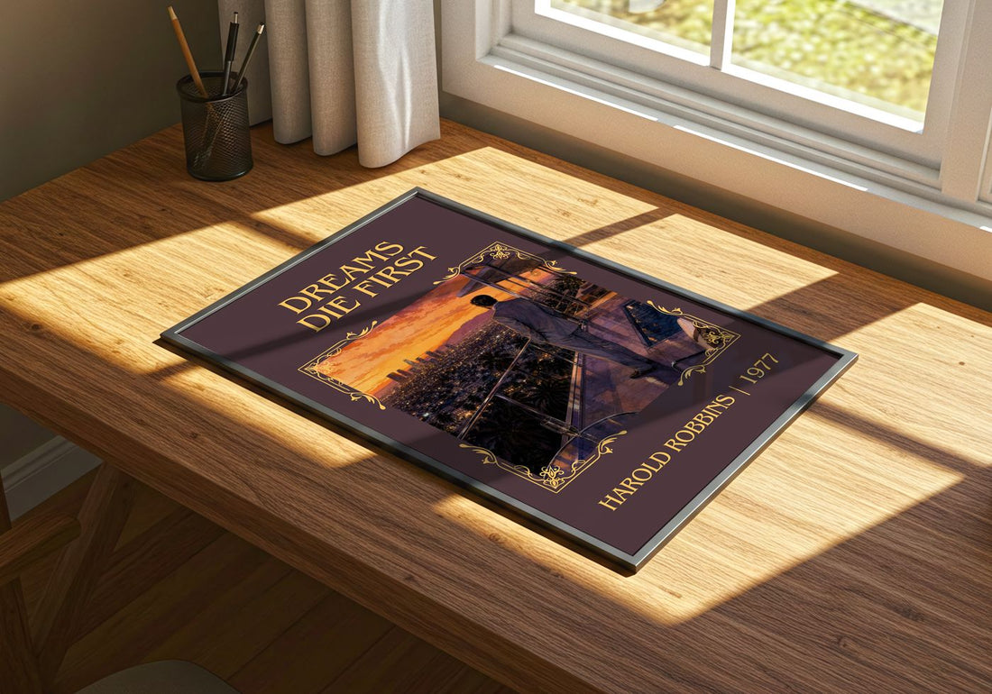 Dreams Die First Classic Book Art Print by Harold Robbins – print on a sunlit desk