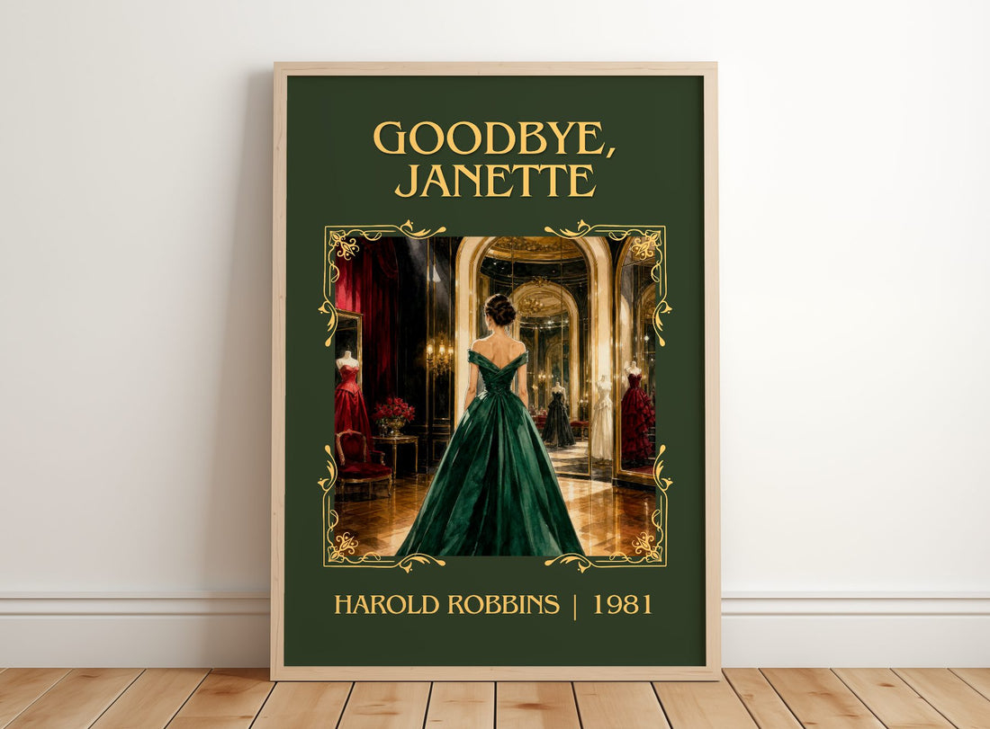 Goodbye, Janette Classic Book Art Print by Harold Robbins – framed print leaning on a wooden floor