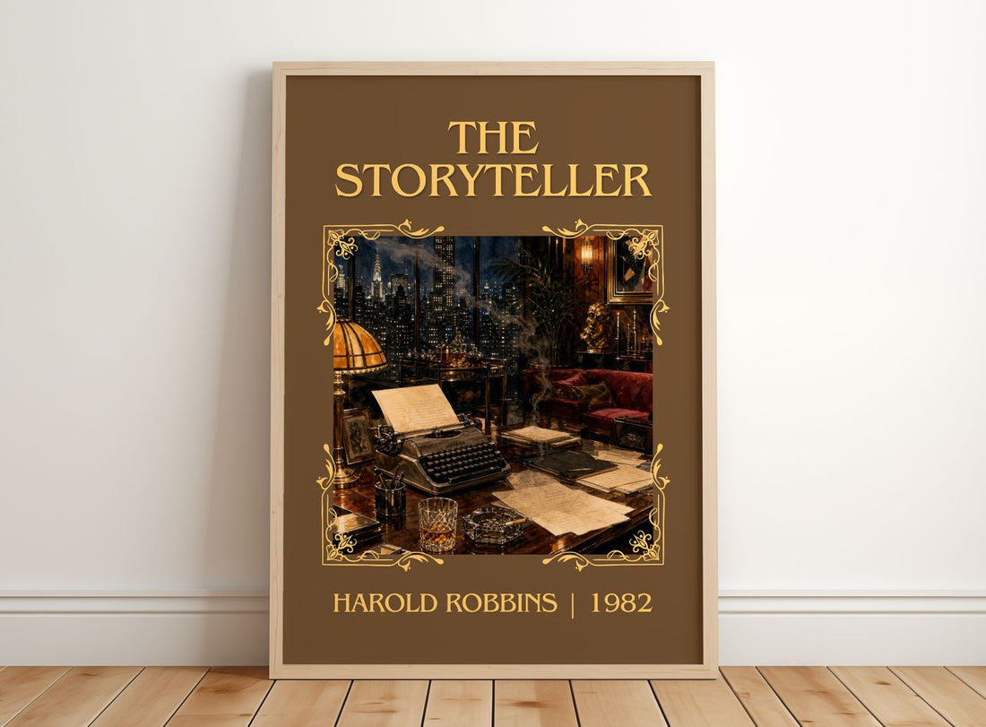 The Storyteller Classic Book Art Print by Harold Robbins – framed print leaning on a wooden floor