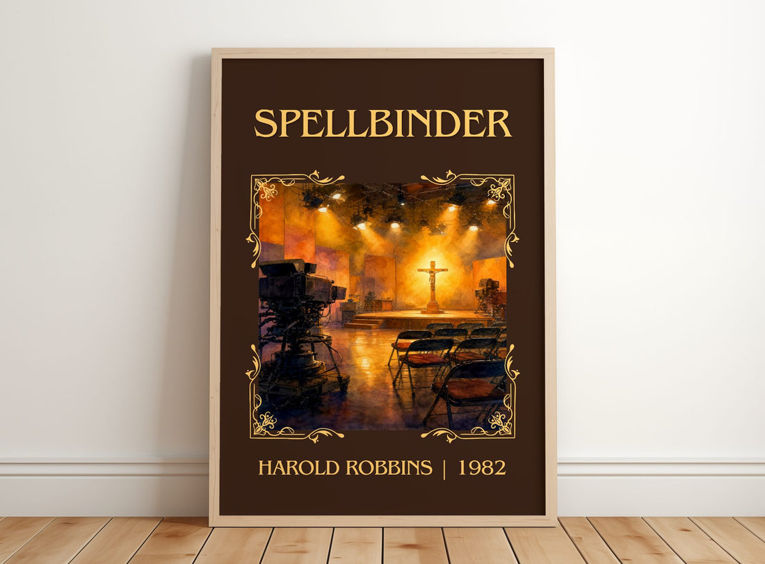 Spellbinder Classic Book Art Print by Harold Robbins – framed print leaning on a wooden floor
