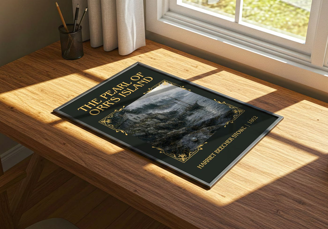 Pearl Of Orr's Island Classic Book Art Print by Harriet Beecher Stowe – print on a sunlit desk