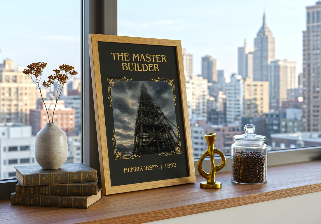 The Master Builder Classic Book Art Print by Henrik Ibsen – framed print on a city-view windowsill