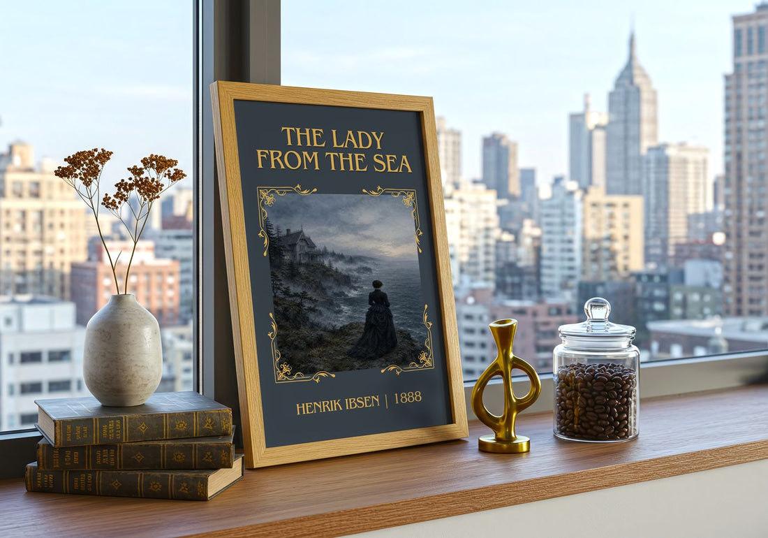 The Lady From The Sea Classic Book Art Print by Henrik Ibsen – framed print on a city-view windowsill
