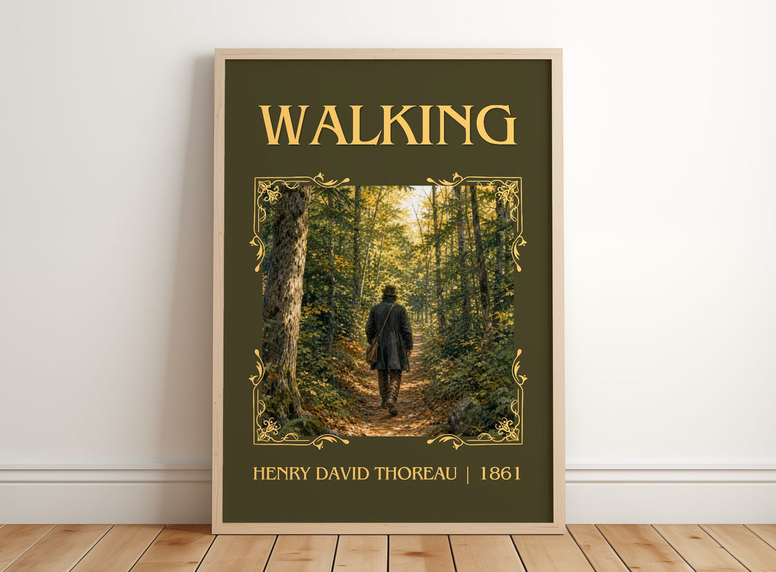 Walking Classic Book Art Print by Henry David Thoreau – framed print leaning on a wooden floor