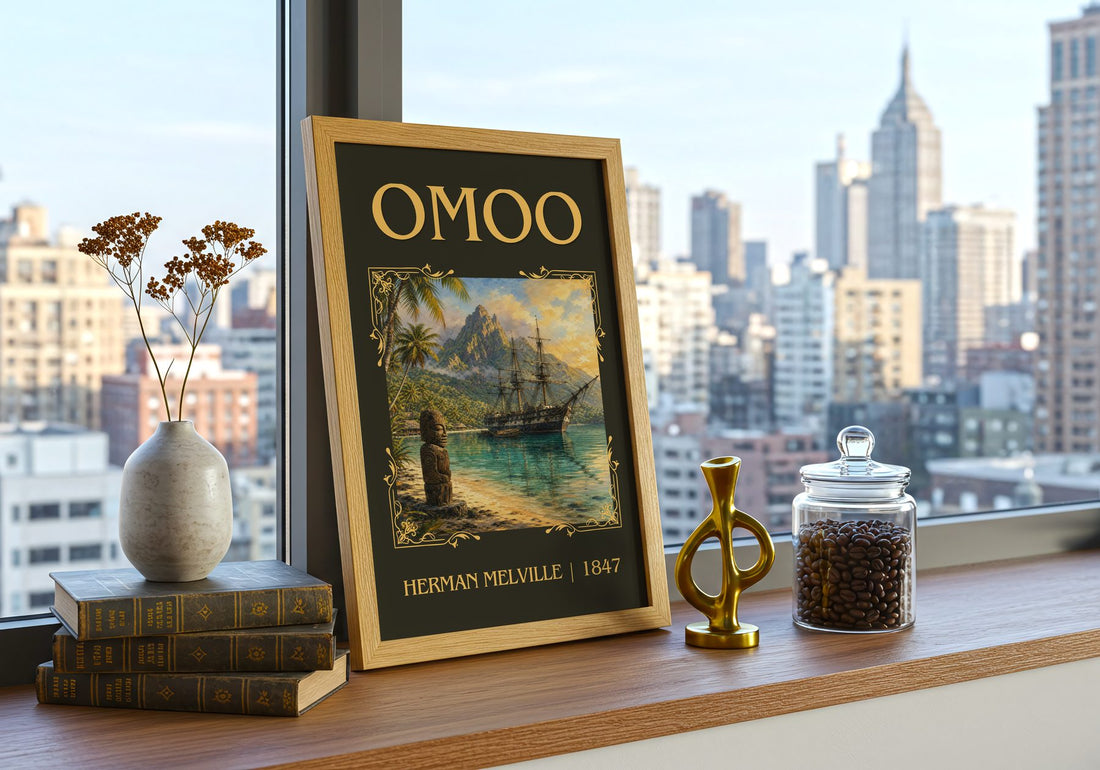 Omoo Classic Book Art Print by Herman Melville – framed print on a city-view windowsill