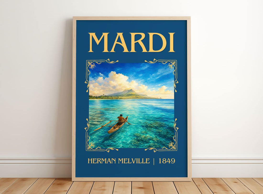 Mardi Classic Book Art Print by Herman Melville – framed print leaning on a wooden floor