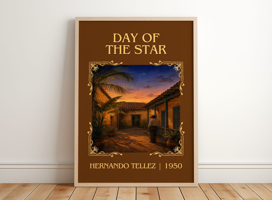 Day Of The Star Classic Book Art Print by Hernando Téllez – framed print leaning on a wooden floor