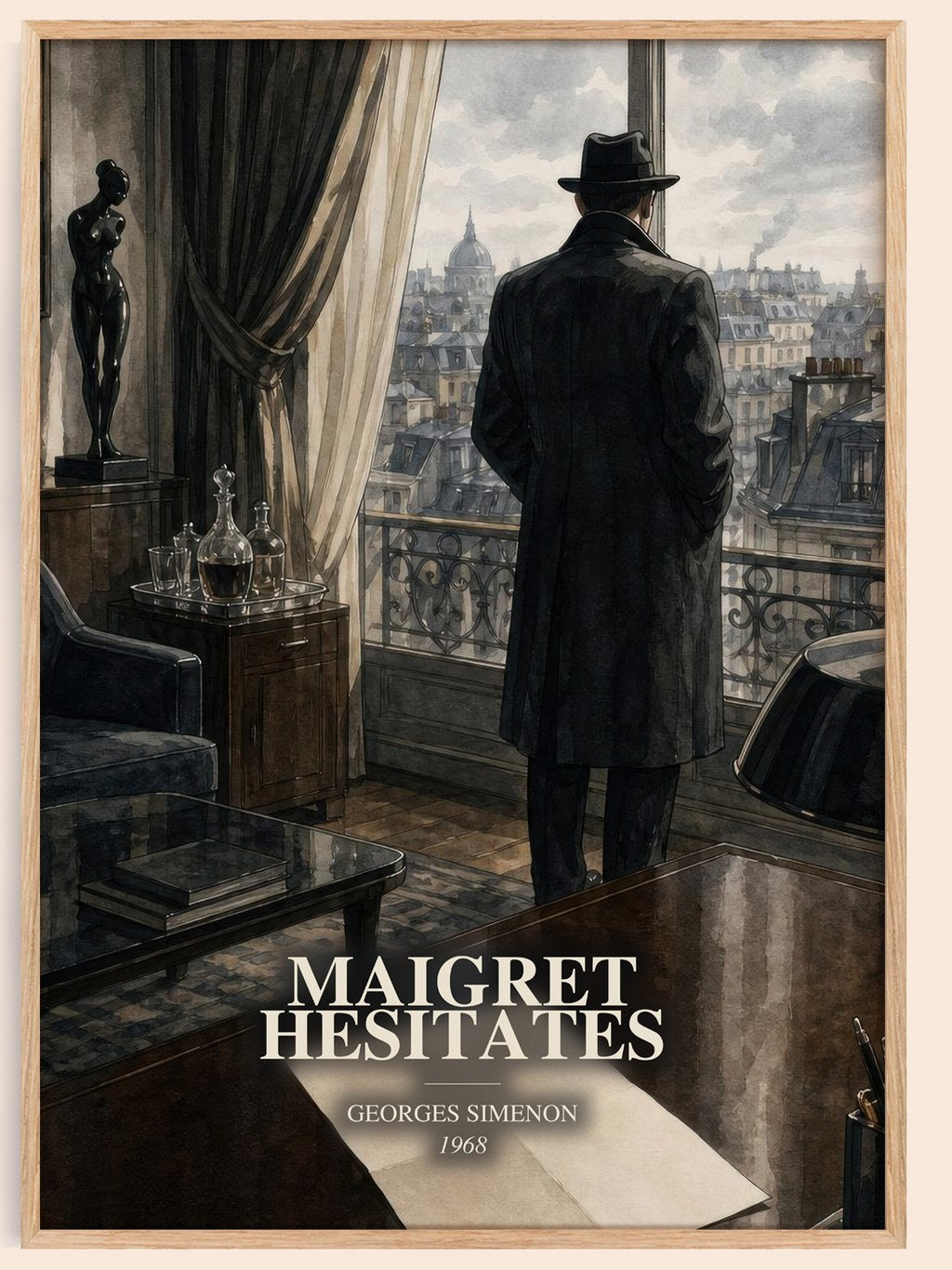 Maigret Hesitates watercolour book poster by Georges Simenon – framed literary art print