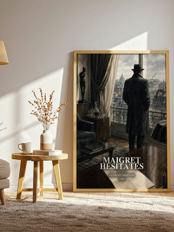 Maigret Hesitates watercolour print in frame leaning in hallway – mystery wall art
